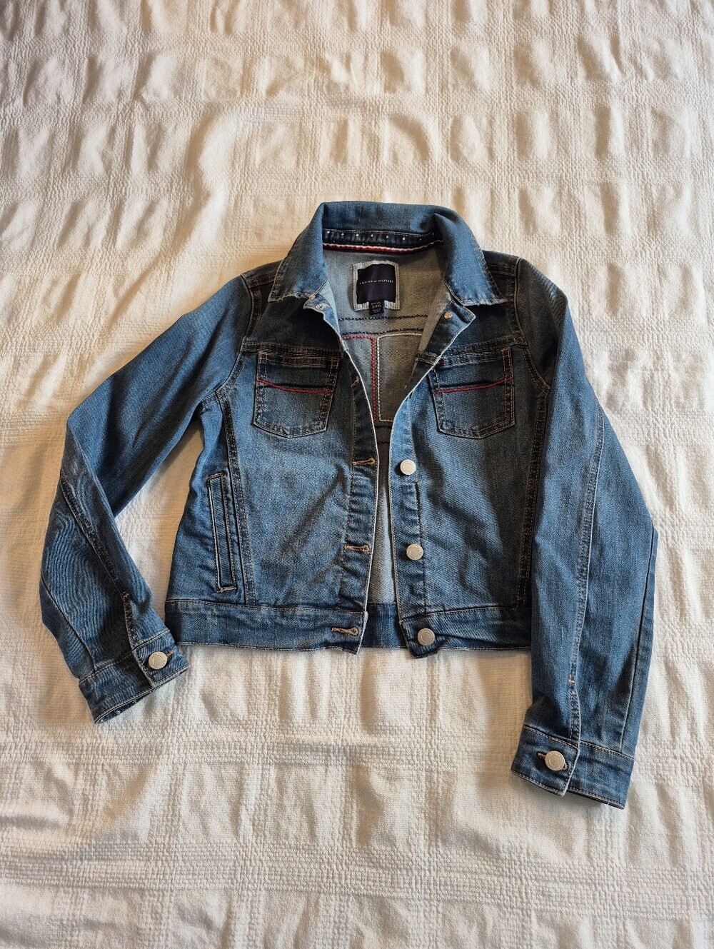 Tommy Hilfiger girls size Large or 12/14 distressed stretch jean jacket VGUC